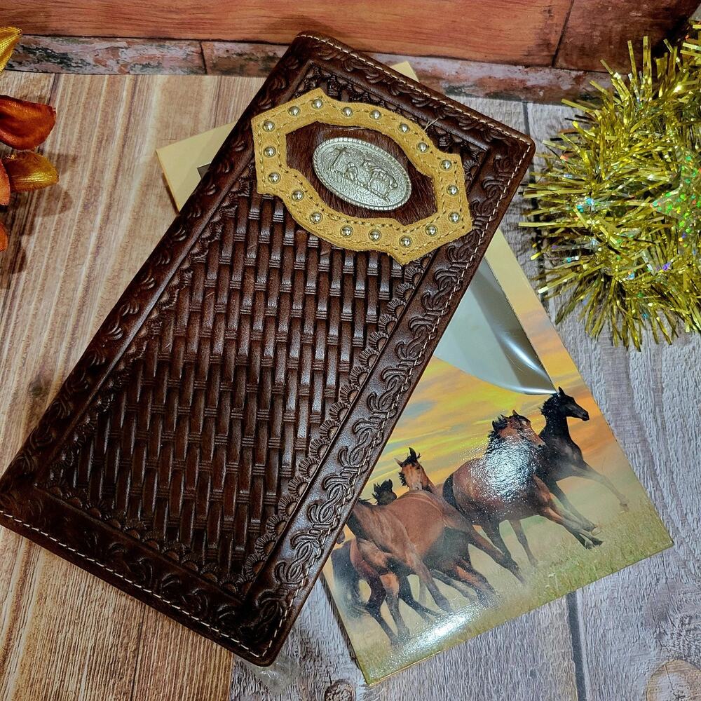 Praying Cowboy Western Wallet Genuine Leather Cowhair Bifold Checkbook brown